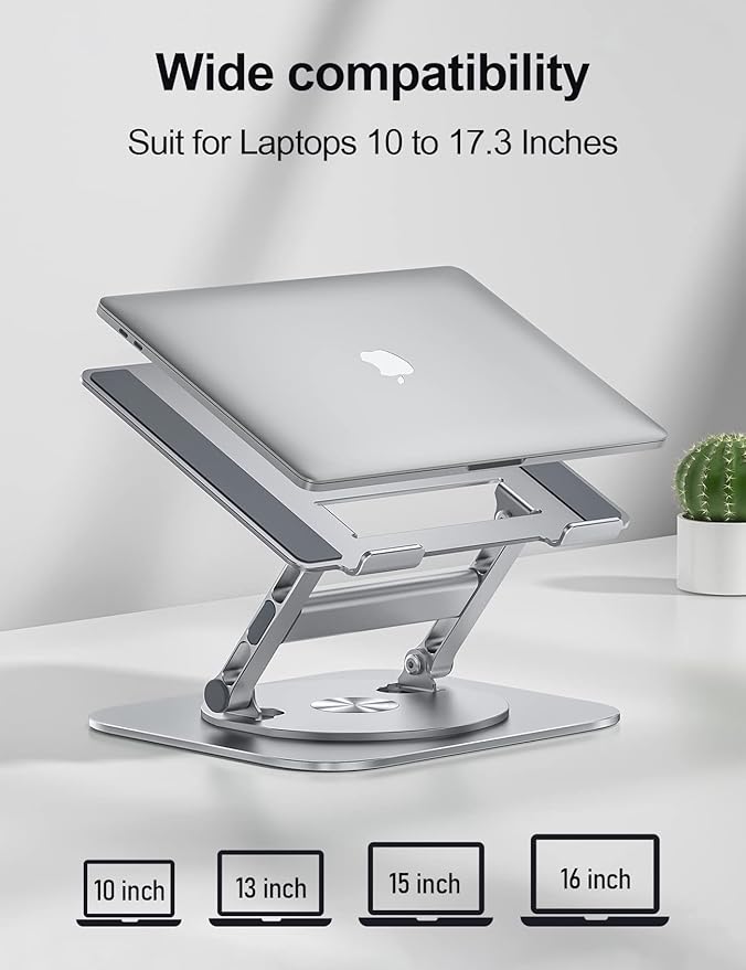 Laptop Stand for Desk, 360 Rotating Base Aluminum Computer Stand Ergonomic Laptop Riser Notebook Holder Fits up to 17-Inch Laptop, Silver