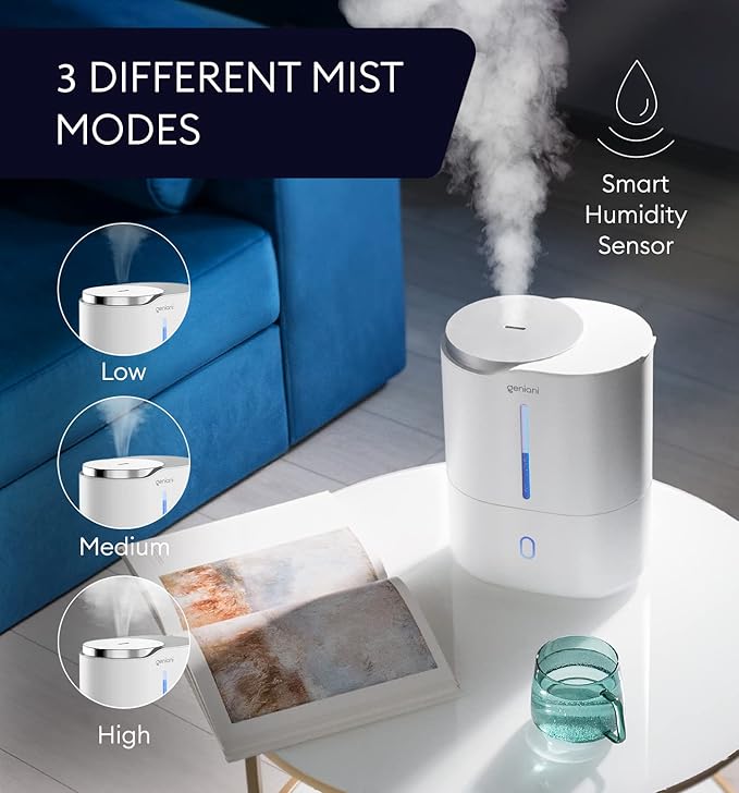 Today 2025 GENIANI Cool Mist Air Humidifiers for Bedroom, Plants, and Large Rooms - Quiet Humidifiers for Baby Room with Auto Shut Off & Night Light (3.9L, White)