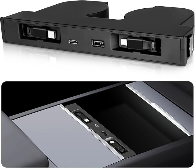 USB Hub for Tesla Model Y Juniper 2025 2026 Model 3 Highland 2024 2025 with Sunken Design, 117W Dual Type-C Retractable Cables 4 in 1 Multi Port Fast Charger Docking Station fit Center Console