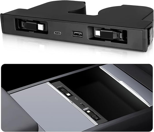 USB Hub for Tesla Model Y Juniper 2025 2026 Model 3 Highland 2024 2025 with Sunken Design, 117W Dual Type-C Retractable Cables 4 in 1 Multi Port Fast Charger Docking Station fit Center Console