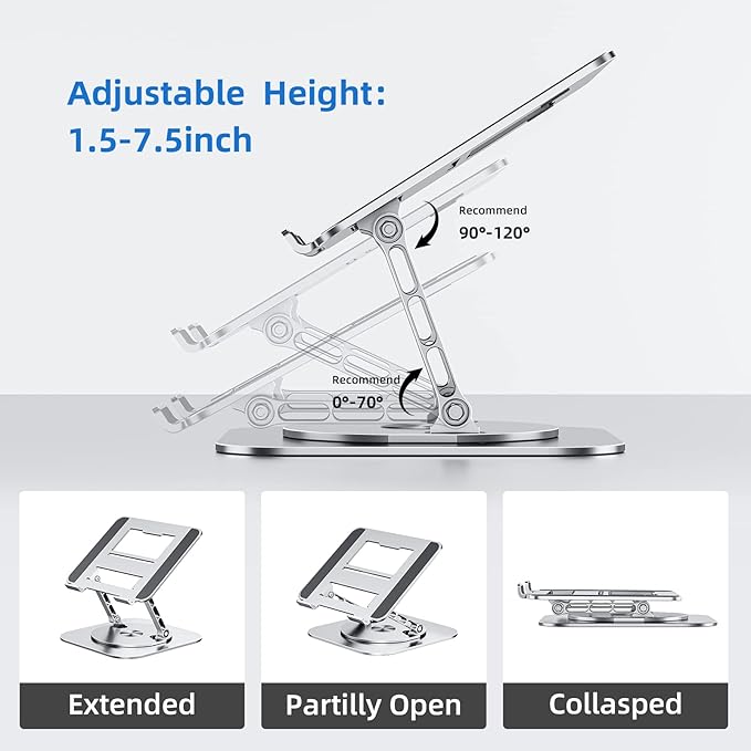 Adjustable Laptop Stand for Desk, Ergonomic Riser with 360° Rotating Base, Foldable Notebook Computer Holder Compatible MacBook Air Pro, Dell XPS, More 10-17" Laptops, Silver