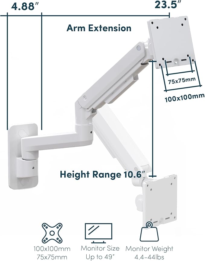 Monitor Wall Mount for 17-49 Inch Ultrawide Monitors, Single Monitor Arm Holds 4.4-44 lbs Screens, Adjustable Premium Aluminum Wall Mount with Max VESA 100x100 for Samsung Odyssey G9 and More, White