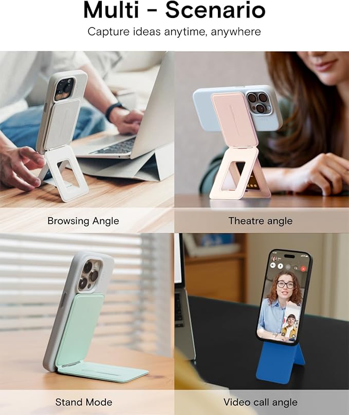 MOFT Phone Stand, Magnetic Phone Tripod Stand Stain-Resistant MOVAS Leather & Angle Adjustment & Strong Magnets Tripod for iPhone 16/15/14/13/12 (Included Metal Ring)-Cement