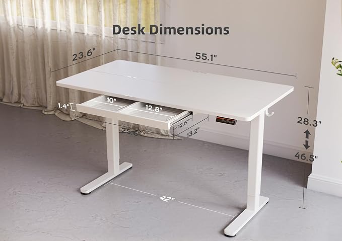 YDN Standing Desk with Drawers, 55 x 24 Inch Electric Adjustable Height Stand Up Desk, Sit Stand for Home Office, White