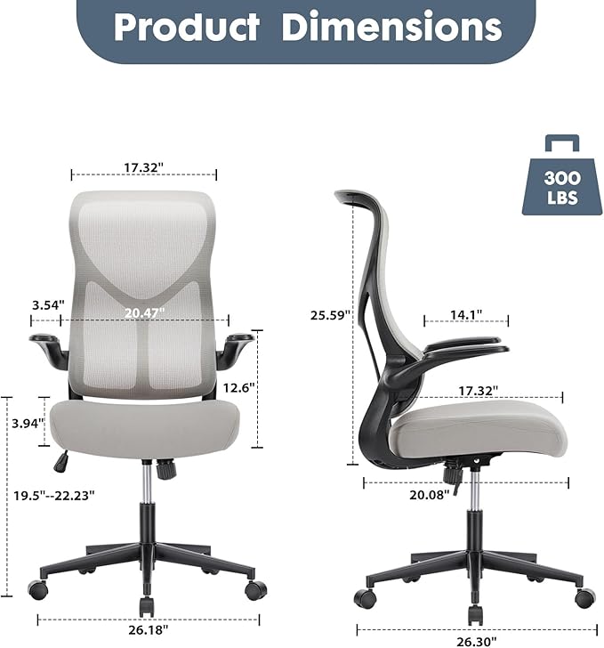 Sweetcrispy High Back Office Chair - Ergonomic Computer Gaming Mesh Chairs with Lumbar Support, with Soft Flip Up Arms, Adjustable Height and 360° Wheels, 120° Rocking Mode, Light Grey