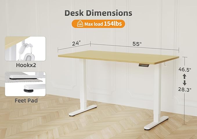 Seang Standing Desk with Adjustable Height, 55x24 Inch Electric Stand Up Desk for Home Office, Studio, Computer Workstation, Nature Top