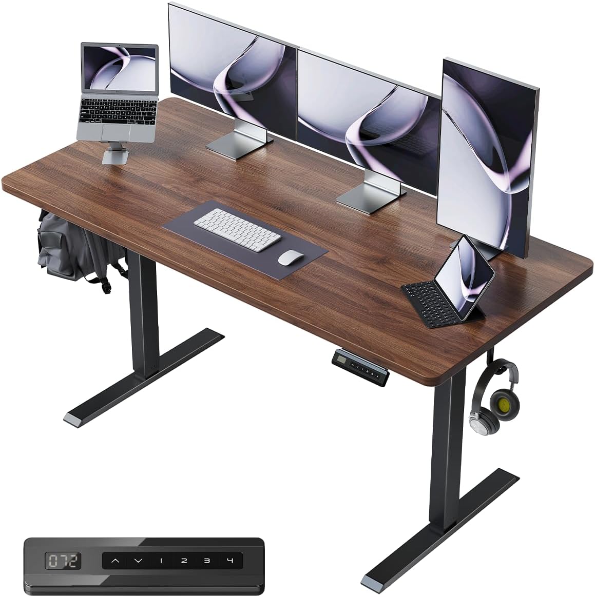FEZIBO One-Piece Standing Desk Adjustable Height Stand up Home Office Desk, 55x24 Inch Electric Standing Computer Desk, with 4 Memory Presets, Fixable casters, Black Walnut