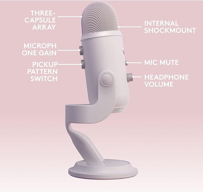 Logitech Creators Blue Yeti USB Microphone for Gaming, Streaming, Podcast, YouTube, Discord, PC, Studio Sound, Plug & Play-White Mist