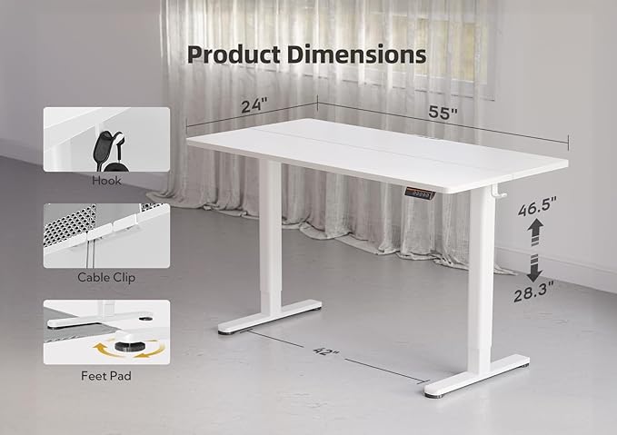YDN Electric Standing Desk Adjustable Height, 55 x 24 Inches Stand up Desk with Cable Management, Home Office Desks with Splice Board & White Frame, White Top
