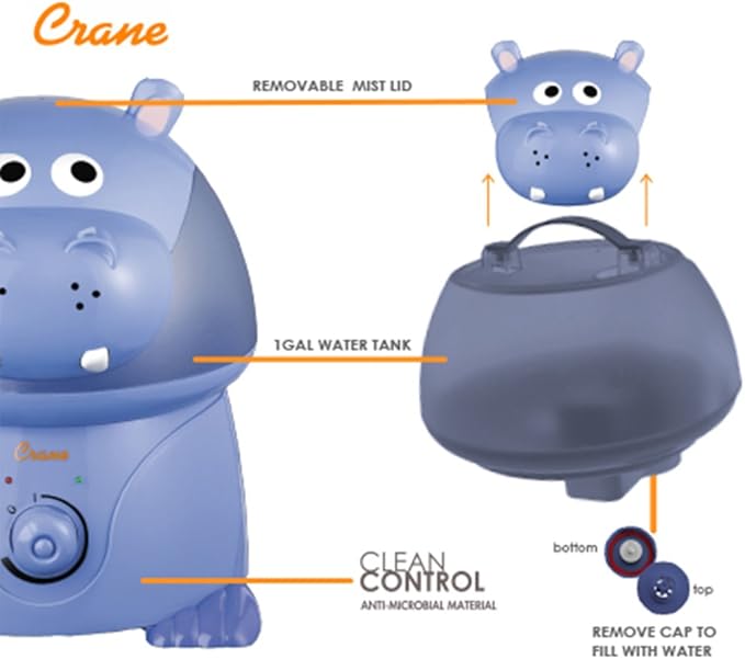 Crane Animal Humidifier for Kids Bedroom, 1 Gal. Cool Mist Humidifier with Adjustable Settings, Optional Filter, Auto Shut-Off, Hippo