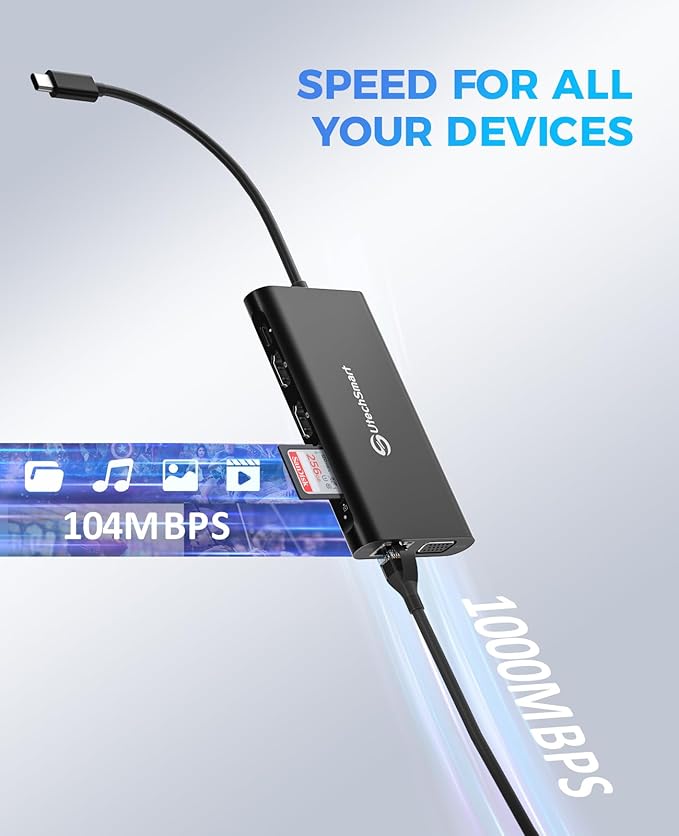 UtechSmart Triple Monitor USB-C Laptop Docking Station - 11-in-1 Dock with 2 HDMI, VGA, PD3.0, SD/TF Card Slot, 4 USB Ports - Compatible with MacBook & Windows (Black)