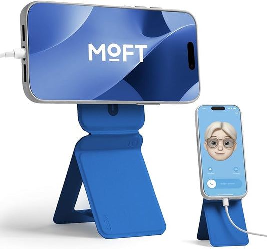 MOFT Phone Stand, Magnetic Phone Tripod Stand Stain-Resistant MOVAS Leather & Angle Adjustment & Strong Magnets Tripod for iPhone 16/15/14/13/12 (Included Metal Ring)-Sapphire