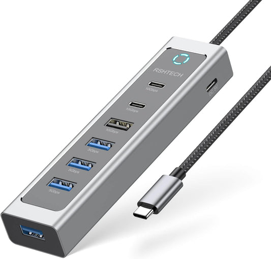 RSHTECH 7-Port USB C Hub Splitter 10Gbps with 3 USB-3.2 (2C + 1A), 4 USB-3.0 Ports and 2ft Long Cable, Aluminum USB-C Hub Multiport Adapters for Laptop and More, RSH-T17C