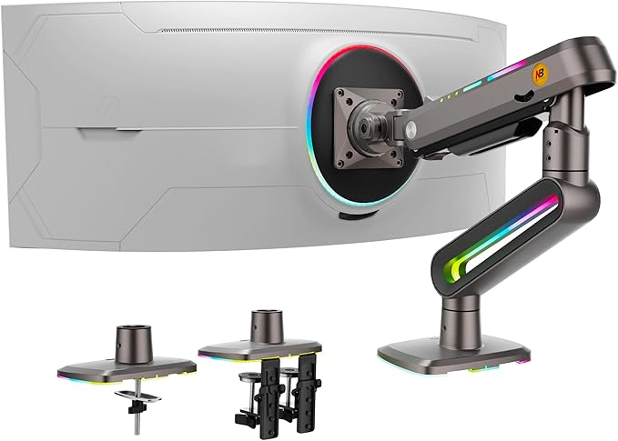 Gaming Monitor Arm for Flat/Ultrawide/Curved Monitors 32 to 60 inch, Heavy Duty Monitor Stand Load up to 20 kg, VESA 75/100 mm Mount G70-New (Grey Black)