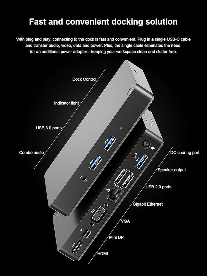 WD15 USB C Docking Station, Dual Monitor Compatible with Dell/MacBook/HP/Surface, HDMI/Mini DP/VGA, 1GB Ethernet, 3 USB 3.0, 2 USB 2.0, Audio, Speaker Out, Black