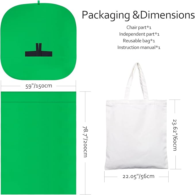 Portable Green Screen Chair, 59 in Greenscreen Backdrop with Stand Double Sided Foldable Green Background, Chroma Key, for Video Chats and Meetings, Photography, Photo Zoom, Streaming Games