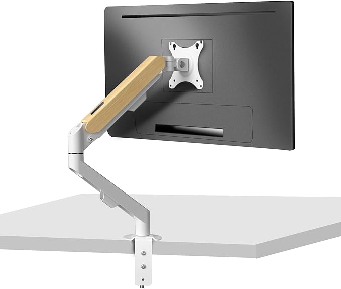 Single White Monitor Desk Arm Mount, Adjustable Gas Spring Support 17-34 Inch, 4.4-19.8lbs Screen, Computer Stand Holder with Clamp/Grommet Mounting Base VESA Bracket M5W-M
