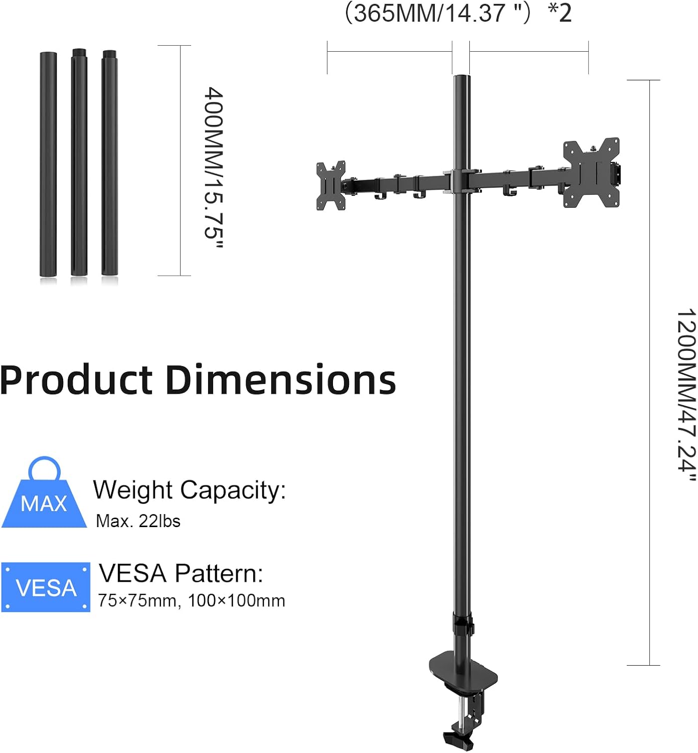 Pholiten Extra Tall Dual Monitor Stand, Dual Monitor Mount, Desk Mount up to 47 inch Pole, 2 Monitor Stand, Computer Monitor Arm, Fully Adjustable Stand for up to 27 inch Screens