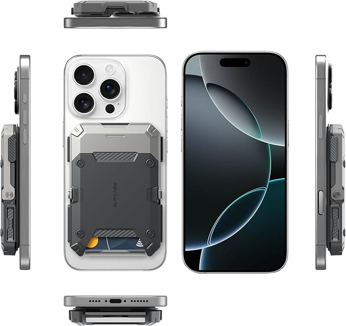 SUPCASE for MagSafe Wallet with Stand, Magnetic Wallet for Men, [Hold 5 Cards] [Adjustable Stand] [RFID Blocking] Phone Stand Credit Card Holder Tripod for iPhone 16/15/14/13/12 Series, Silver