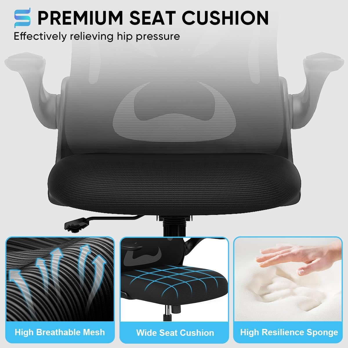 Sytas Ergonomic Desk Chair with Padded Flip up Arms and Supportive Lumbar Support, Breathable Mesh Home Office Chair with Comfortable Cushion for Home or Office(Black)