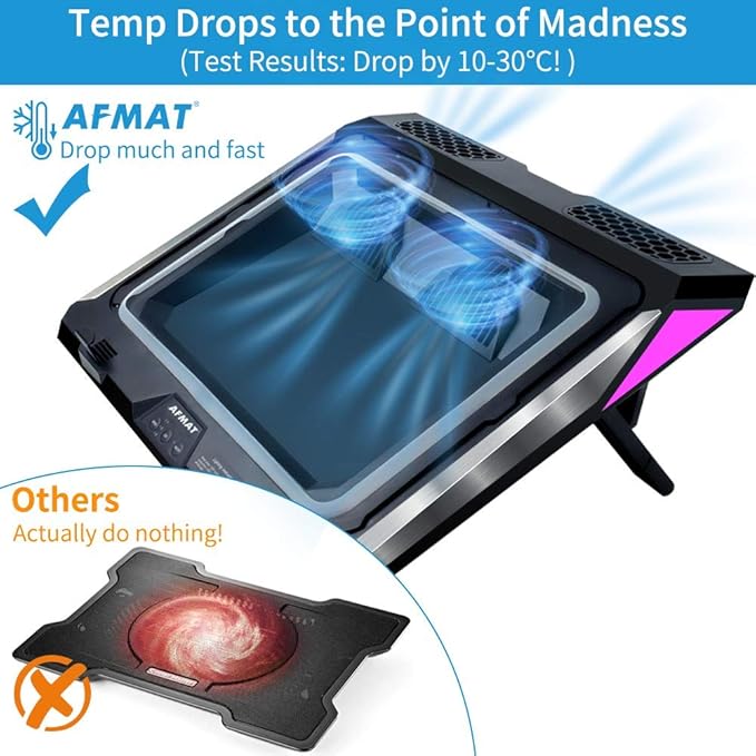 AFMAT Gaming Laptop Cooling Pad, 4500RPM Laptop Cooling Pad with Turbo-Fans, USB Ports, Colorful Lights - CPU Temperature Drops 20-30 ℃ Within Seconds - for 14-17.3 inch Laptops