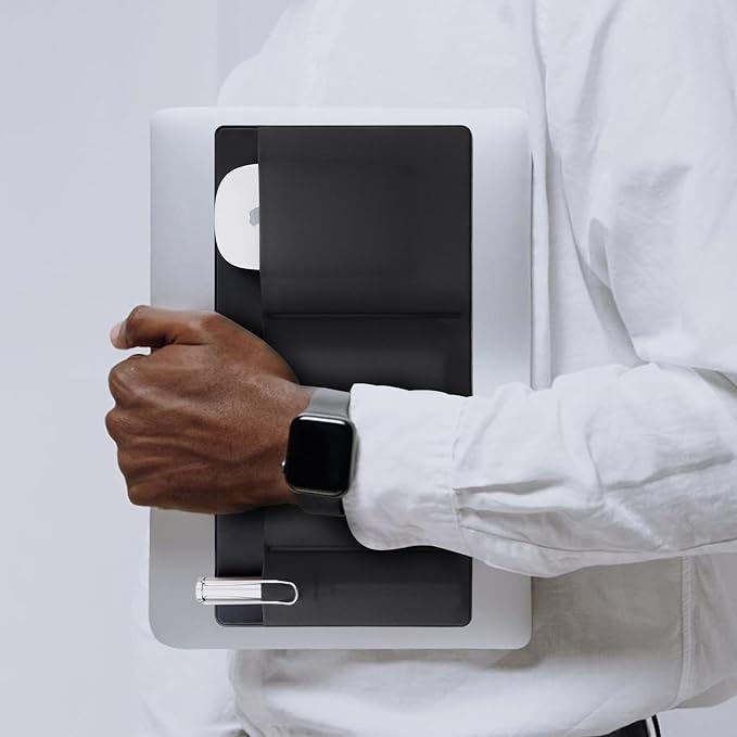 Lacdo 3-Pocket Mouse Holder for Laptop Stick on, External Hard Drive SSD Holder for Laptop, Stick on Pouch Organizer Adhesive Pocket Storage Sleeve for Mouse/HDD/SSD/Cables, Computer Accessories,Black