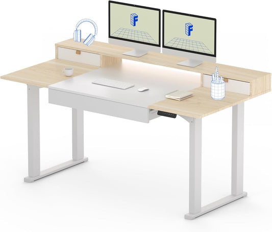 FLEXISPOT 4-Leg Standing Desk with Storage 71x32 in Electric Adjustable Height with 3 Drawers & Shelving Home Office Workstation (White + Maple Top)