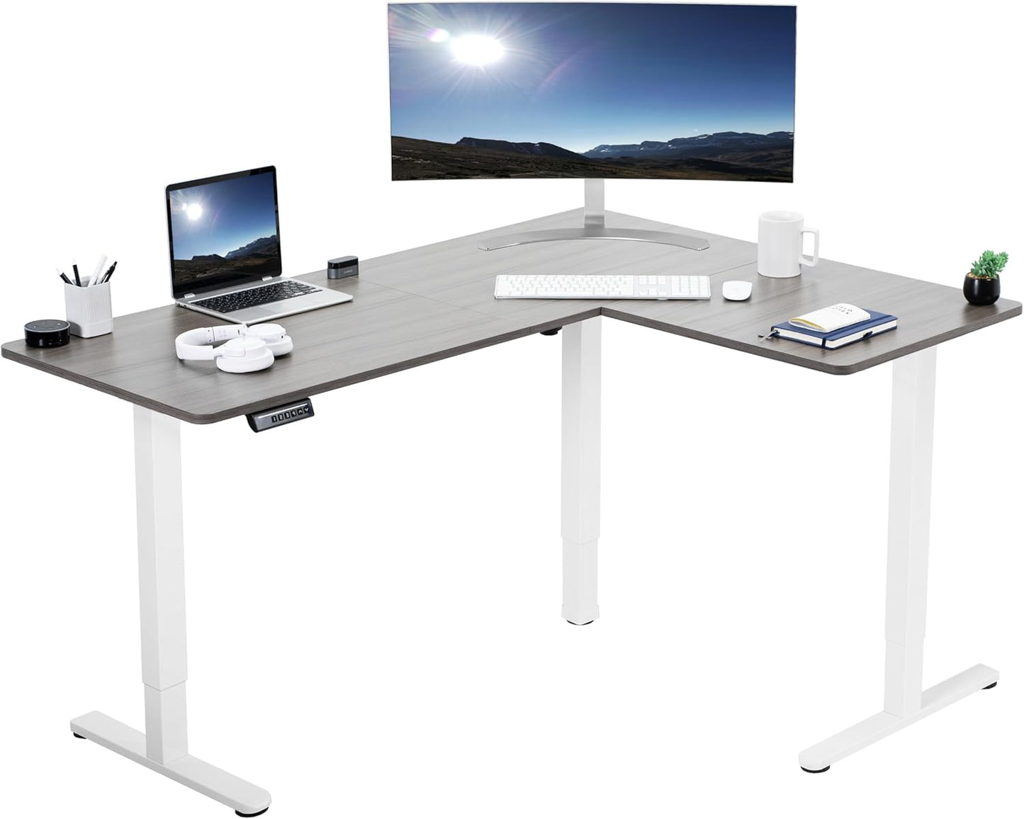 VIVO Electric Corner L-Shaped 63 x 47 in Standing Desk, Memory Height Adjustment, Dark Gray Top White Frame, DESK-E3CTWG-47