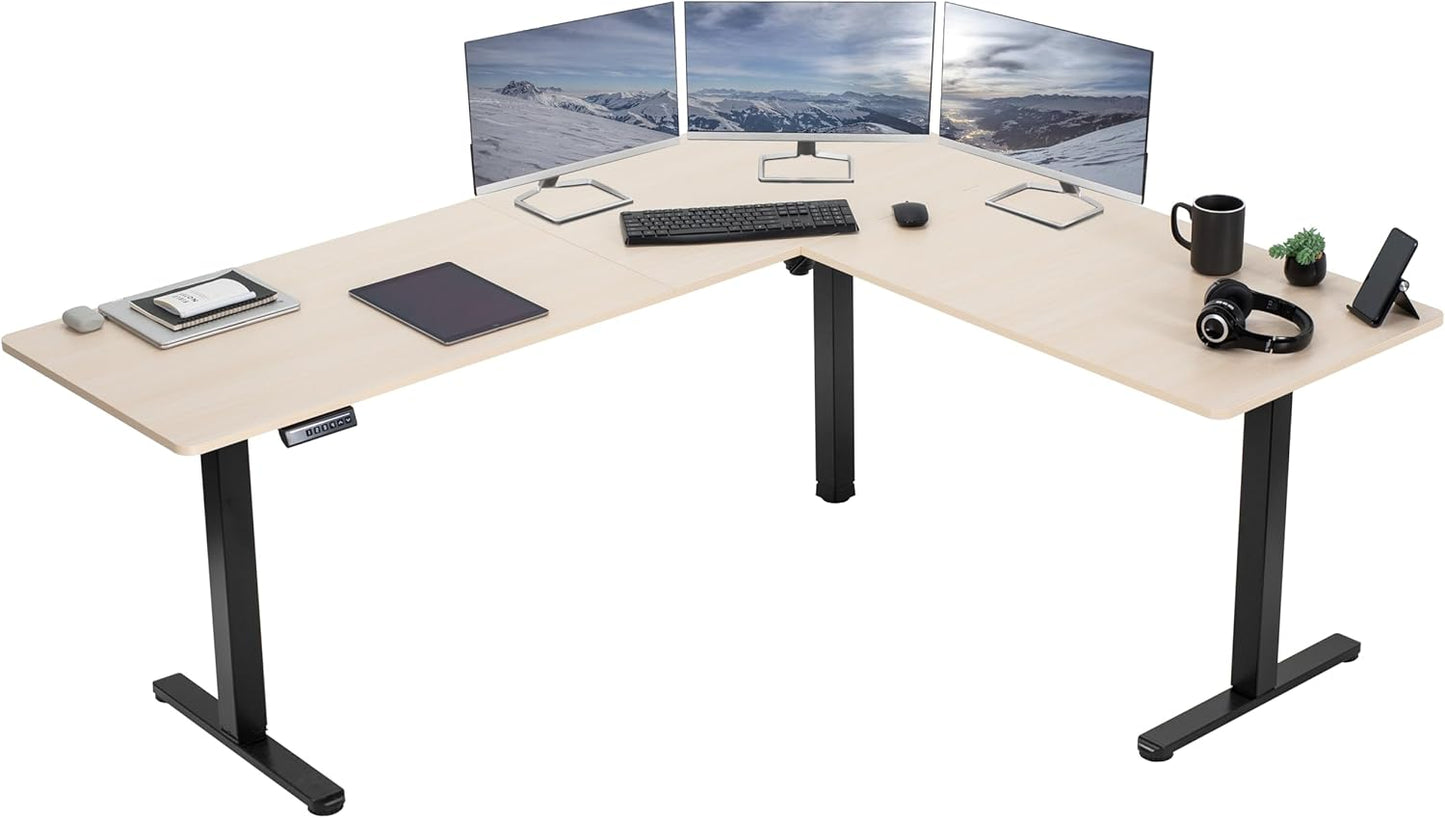 VIVO Electric Corner L-Shaped 75 x 63 in Standing Desk, Memory Height Adjustment, Light Wood Top Black Frame, DESK-E3CTBC-75