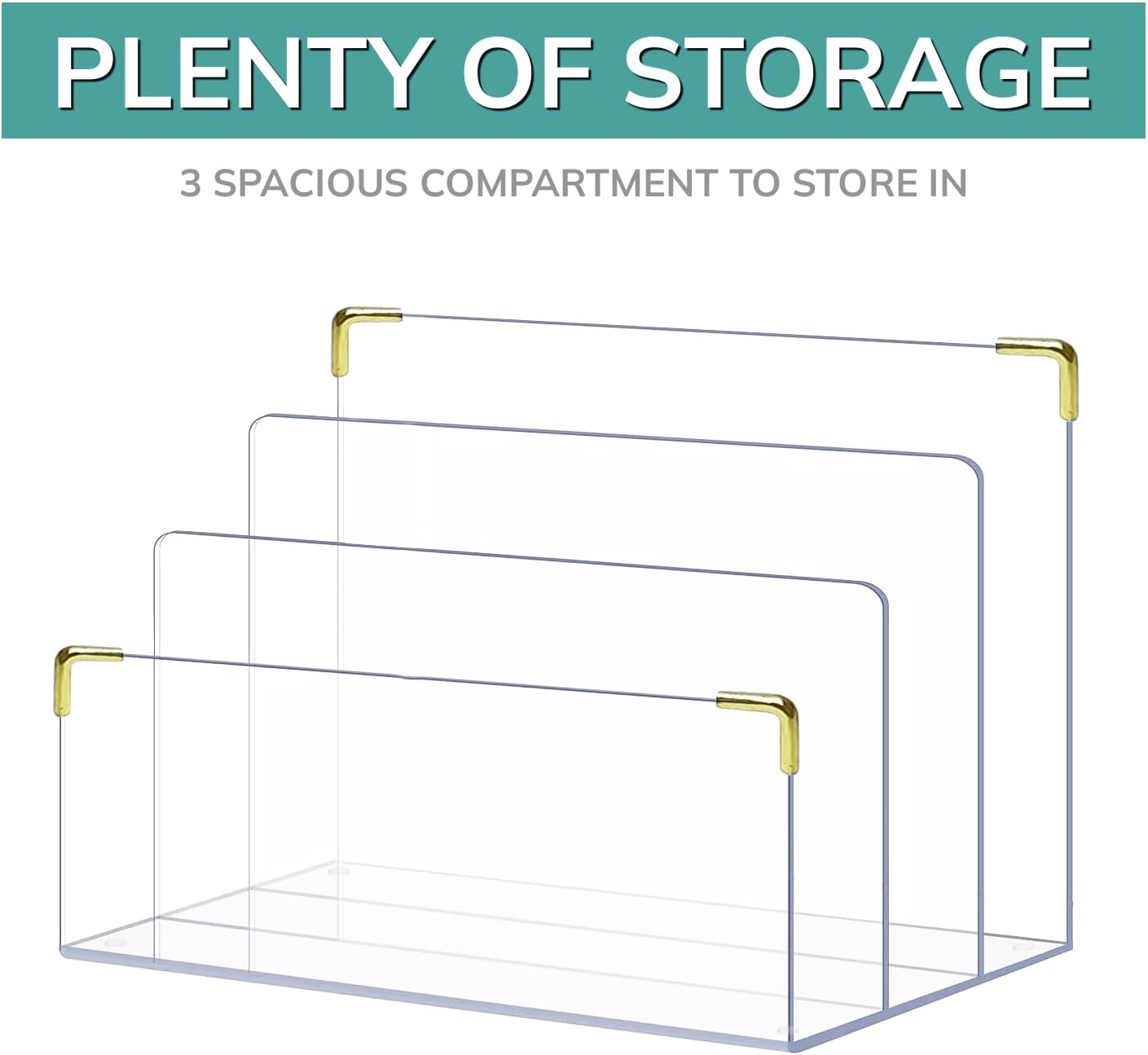 pbf Acrylic File Holder | Clear File Organizer for Desk w/Gold Accents | Acrylic Desk Organizer, Folder Holder, Mail Sorter, File Stand, Magazine Divider, Laptop, Notebook, & Letter Organizer