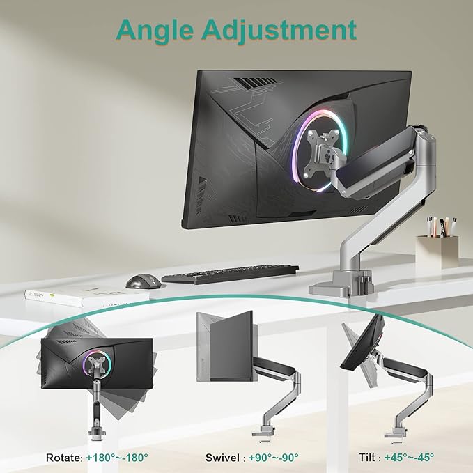 WALI Ultrawide Monitor Arm for 13 to 49 Inch Heavy Duty Curved Screens, Adjustable Gas Spring Single Monitor Desk Mount with 2 USB 3.0 Ports, Holds 33 lbs, 75x75/100x100 VESA, Silver (GSMU001)