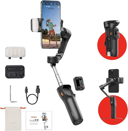 hohem iSteady x3 Gimbal Stabilizer for iPhone, AI Tracker Stabilizer, 3-Axis Smartphone Foldable Gimbal w/3-Color Fill Light, Detachable Remote Control, Built-in Extension Rod Tripod, hohem x3