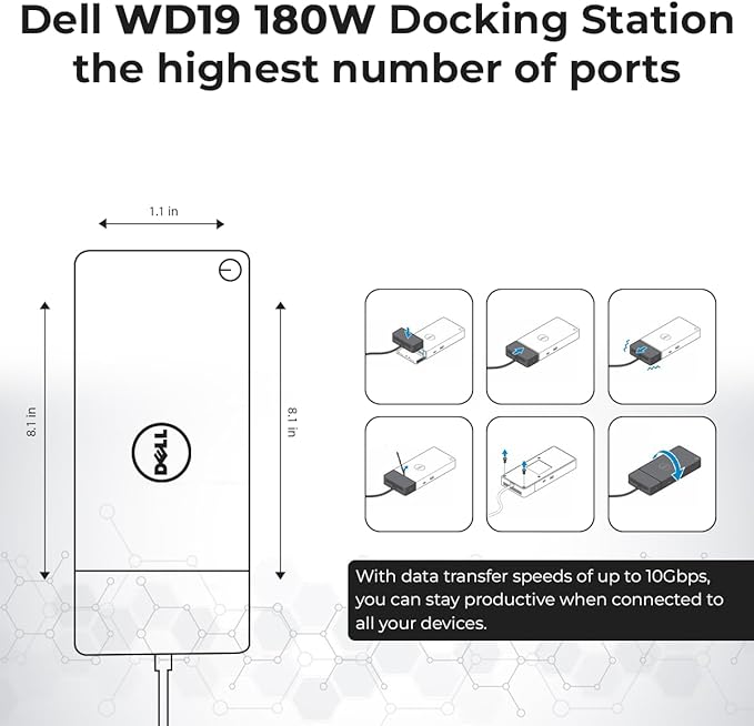 Dell WD19 180W Dock Bundle - Dell Docking Station Dual Monitor with 180W Power Supply + HDMI Cable + DisplayPort Cable + USB-C Cable + Microfiber Cloth Included (Renewed)