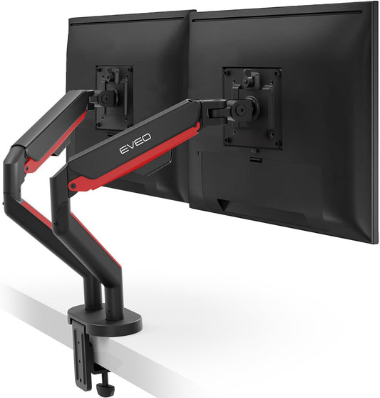 EVEO Premium Dual Monitor Mount 14"-35” Dual Monitor Arm VESA Bracket Adjustable Height Gas Spring Dual Monitor Stand, Screen Full Motion Dual Monitor Arm-Computer Monitor Stand for 2 Screens - Red