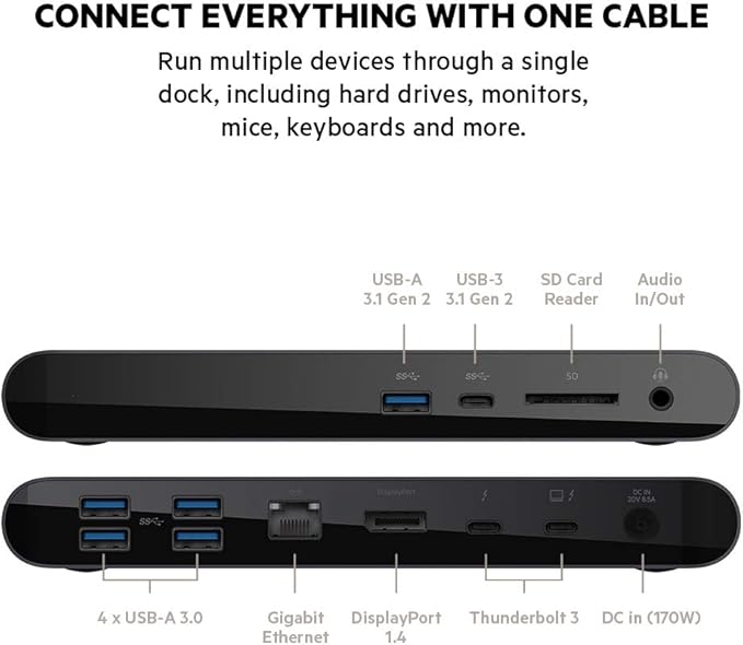 Belkin Thunderbolt 3 Dock Pro w/ Thunderbolt 3 Cable - USB-C Hub - USB-C Docking Station for MacOS & Windows, Dual 4K @60Hz, 40Gbps Transfer Speed, 85W Upstream Charging, w/ Ethernet, SD & Audio Ports