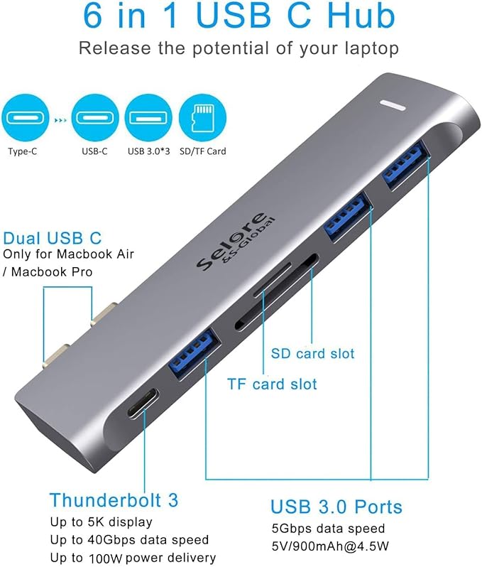 USB C Adapter for MacBook Pro/Air M1 M2 M3 2021 2020 2019 13" 15" 16", 6 in 1 USB-C Hub MacBook Pro Accessories with 3 USB 3.0 Ports,USB C to SD/TF Card Reader and 100W Thunderbolt 3 PD Port