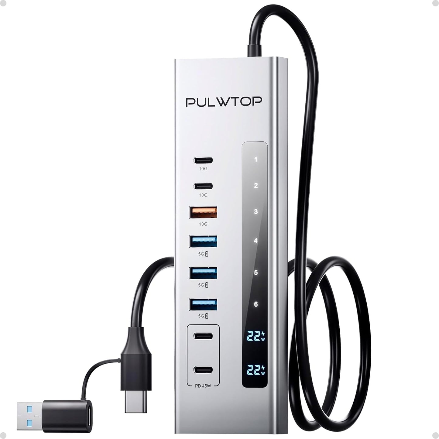 Powered USB C Hub, PULWTOP 11-in-1 USB Hub with SD/TF, 2*USB-C 10Gbps, 4*USB-A 5/10Gbps and 2 * 24/45W Type-C PD Charging Ports (Not Support Video), USB Powered Hub (72W DC Adapter Included)