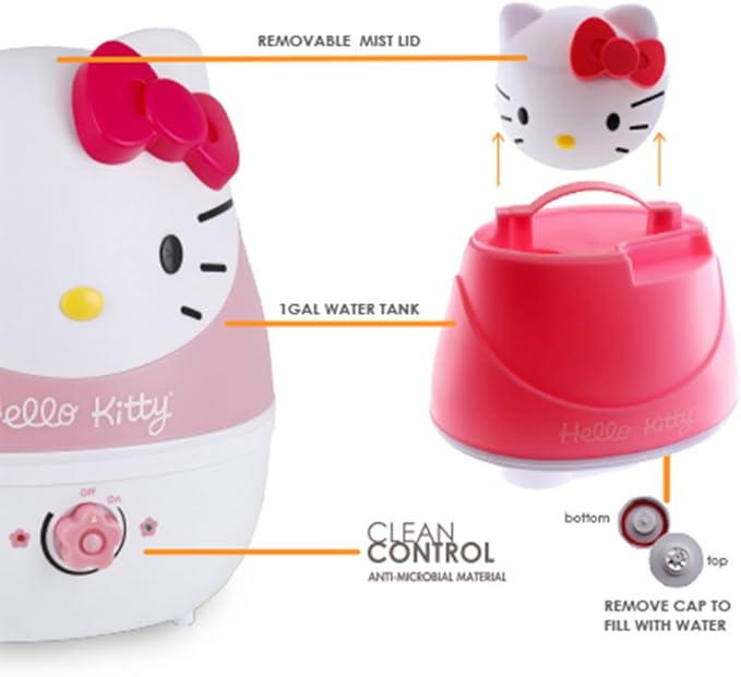 Crane Adorables Ultrasonic Humidifiers for Bedroom and Baby Nursery, 1 Gallon Cool Mist Air Humidifier for Large Room or Kid's Room, Humidifier Filters Optional, Hello Kitty