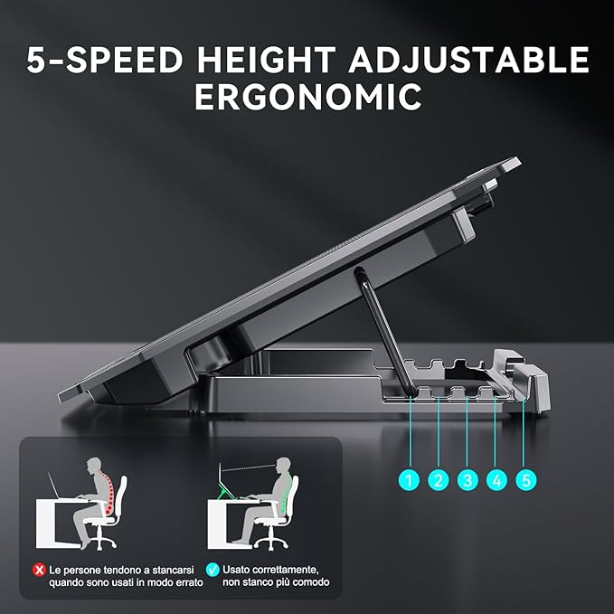 Ultra Slim Laptop Cooling Pad with 2 Quiet Big Fans, 5 Height Adjustable Ergonomic Stand, Portable Cooler for 10-15.6 Inch Laptops, Speed Control and 2 USB Ports