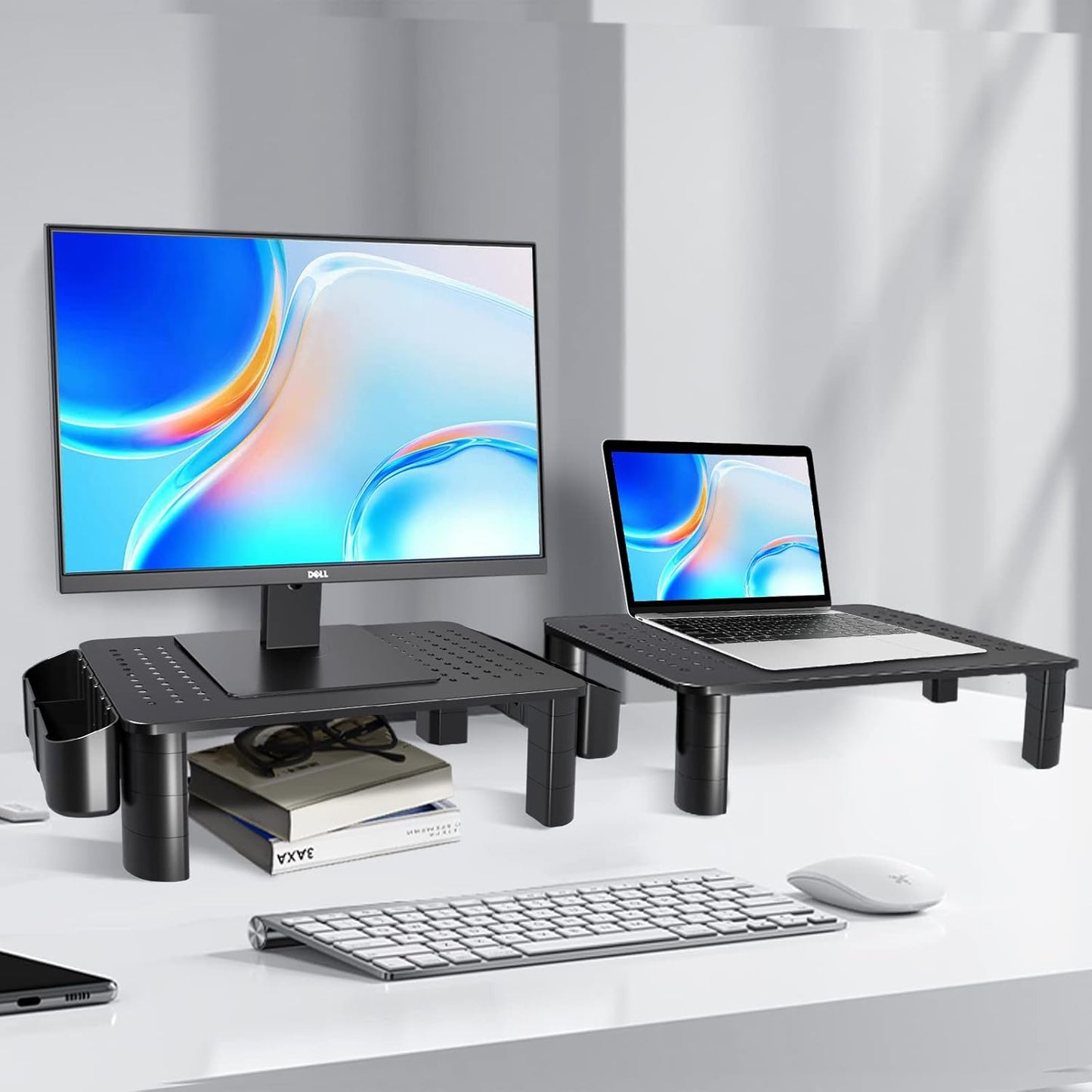 Pholiten 2 Pack Monitor Stand Riser, 3 Height Adjustable Monitor Stand， Flat Screen TV Monitor Stand Riser, Sturdy Metal Laptop Computer Monitor Stand Shelf for Printer, iMac,Premium Metal Monitor Risers for 2 Monitors