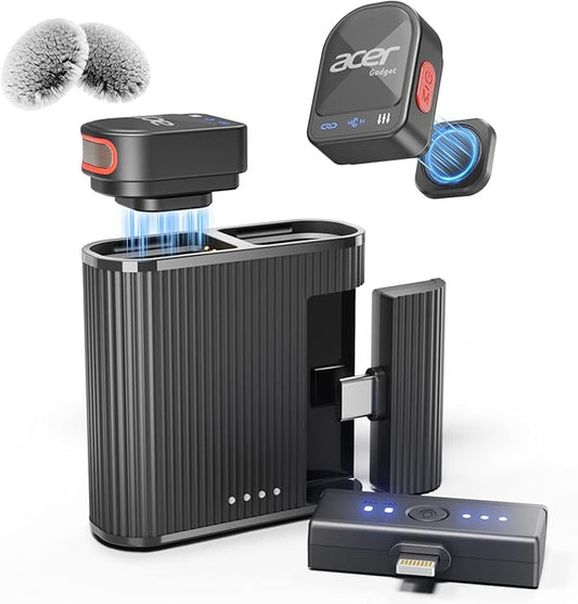 acer Wireless Lavalier Microphone for iPhone/Android/PC/Laptop Portable Mini Clip on Mic with Lightning + USB C Plug, 48KHz 24Bit, Noise Cancellation, 24H Battery for Video Recording