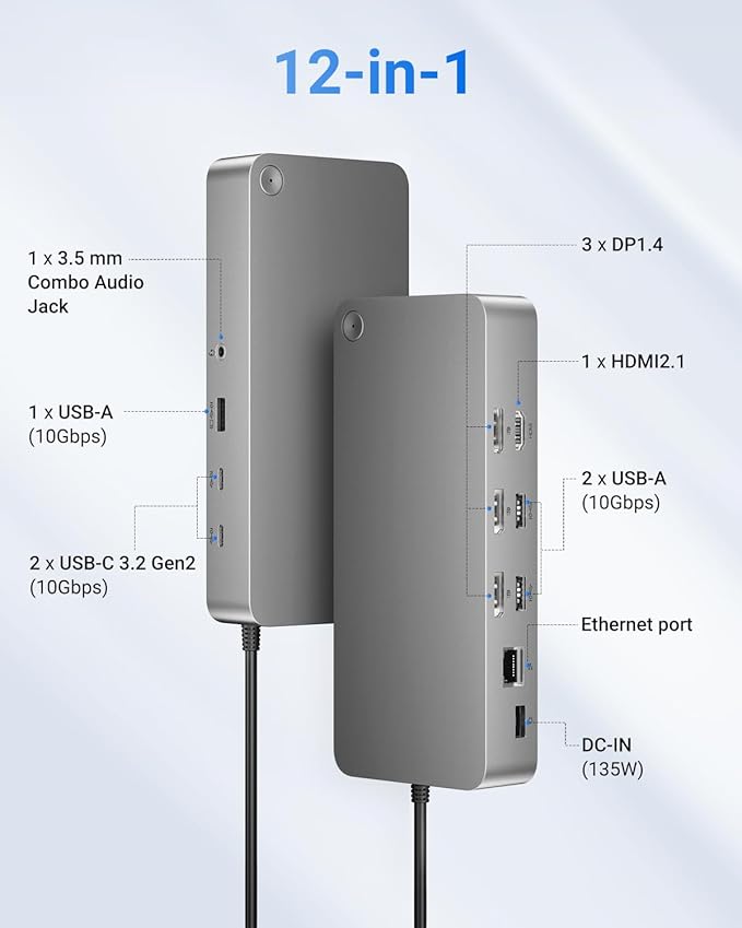 Laptop Docking Station(12-in-1), for Thunderbolt 4, USB 4, or USB-C Systems, 92W Charging for Laptop, 40 Gbps Data Transfer, Single 8K, Quad 4K Display, Ethernet, Compatible with Windows, MacOS
