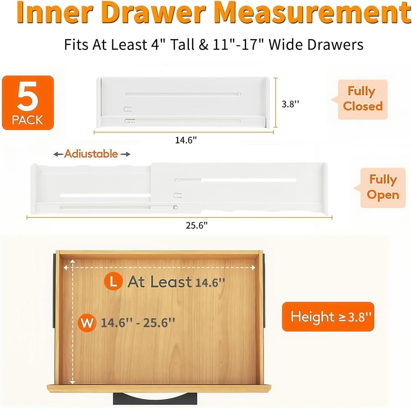 5 Pack Drawer Dividers 3.8" Slim Height Drawer Separators, Non-Slip Plastic Drawer Organizers Expandable 14.6"-25.6" for Shallow Drawers,Kitchen & Clothes Storage, Adjustable Office Drawer Divider