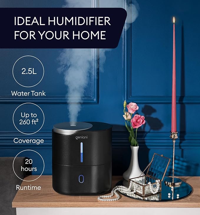 Top Fill Humidifier with Essential Oil Diffuser 2.5L for Home, Baby, Bedroom, Large Room & Indoor Plants, Small Cool Mist Air Humidifiers for Baby, Ultrasonic Quiet, Night Light (Black)