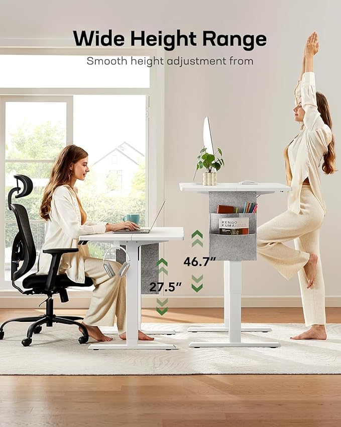 HUANUO Electric Standing Desk, 48 x 28 Inch Height Adjustable Computer Desk with Storage Bag, 4 Height Memory Settings, Sit Stand Up Desk for Home Office, White