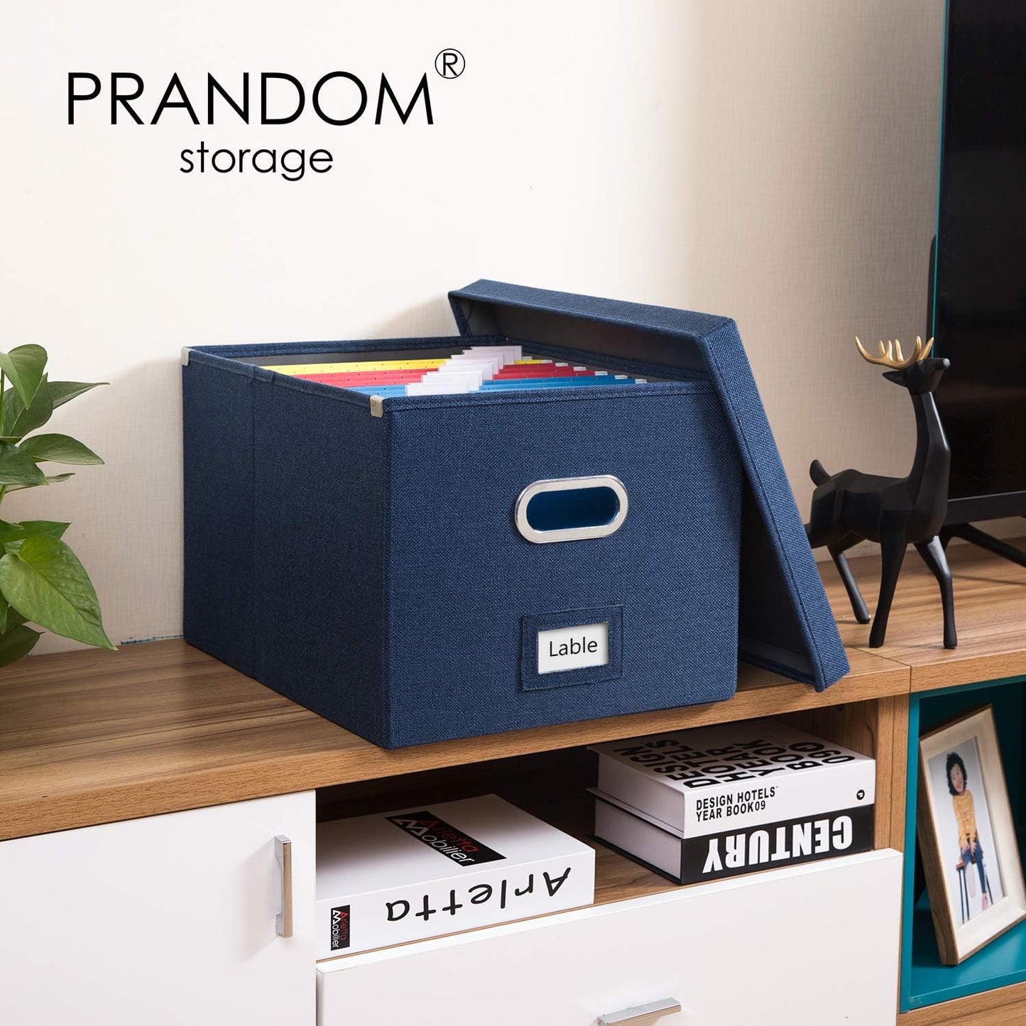 PRANDOM File Organizer Box - Set of 1 Collapsible Decorative Linen Filing Storage Hanging File Folders with Lids Office Cabinet Letter/Legal Size Navy Blue (17x14x11.2 inch)