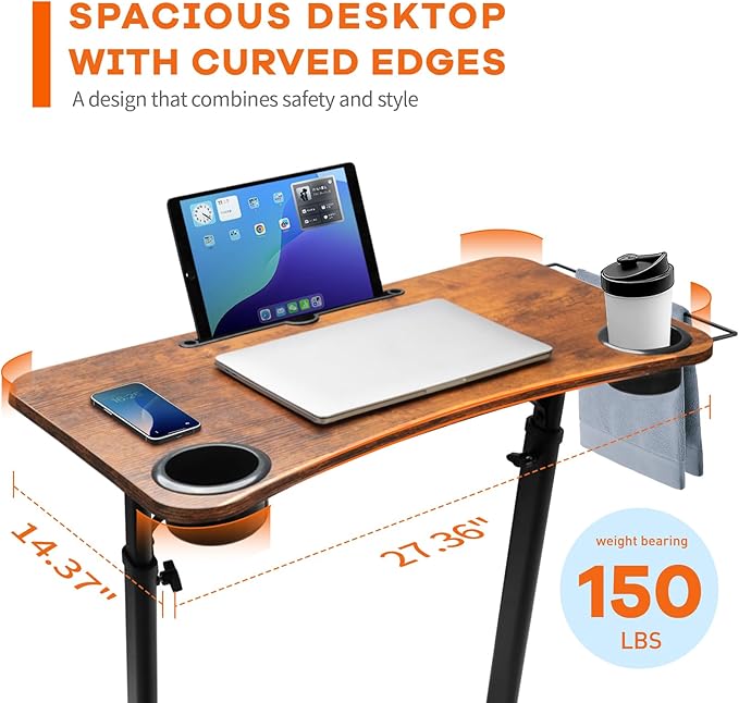 Treadmill Desk, Small Standing Desk for Walking Pad, 30-47 Inch Adjustable Height Walking Pad Stand for Treadmill, Portable Standing Table for Bike and Home Office Work - Brown