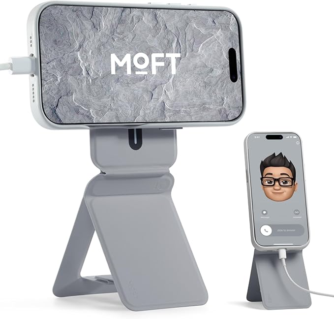 MOFT Phone Stand, Magnetic Phone Tripod Stand Stain-Resistant MOVAS Leather & Angle Adjustment & Strong Magnets Tripod for iPhone 16/15/14/13/12 (Included Metal Ring)-Cement