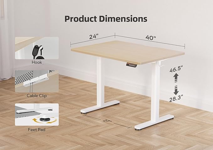 YDN Electric Standing Desk Adjustable Height, 40 x 24 Inches Stand up Desk with Cable Management, Home Office Desks with Splice Board & White Frame, Nature Top