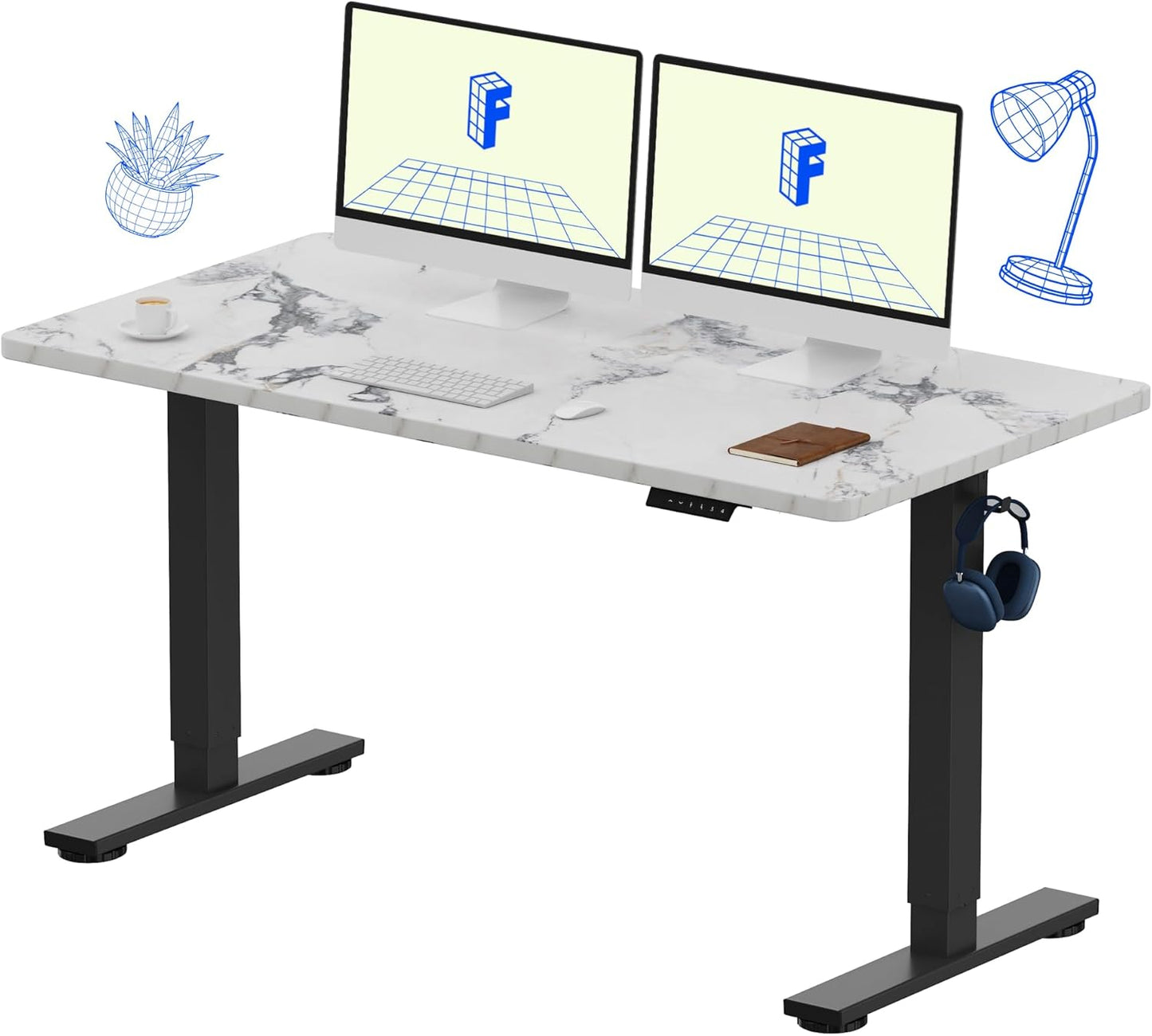 FLEXISPOT EN1 Whole Piece Standing Desk 55 x 28 Inches Stand Up Desk Workstation Home Office Computer Height Adjustable Desk (Black Frame + Marble Gray Top, 2 Packages)